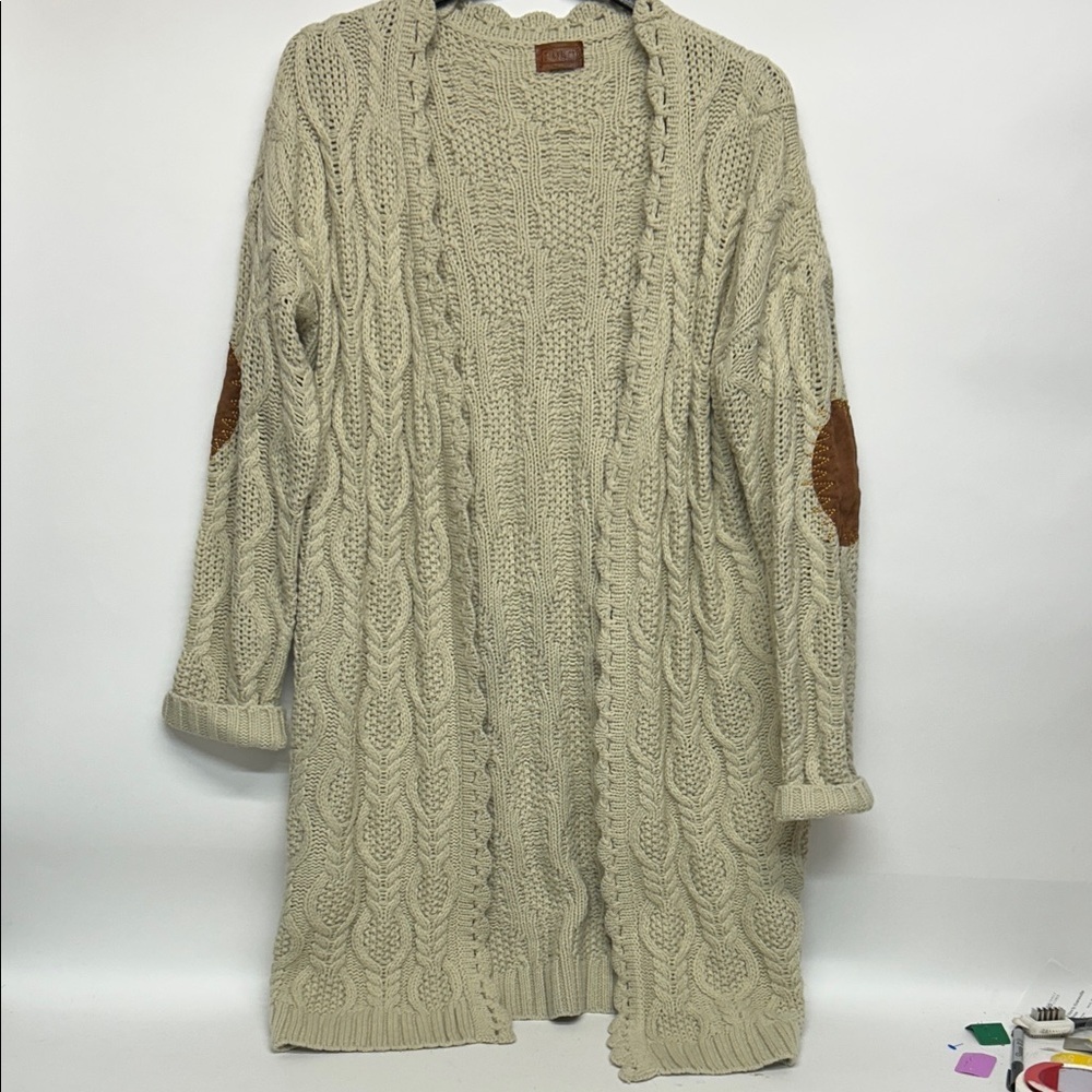 POL Cream Cable Knit Cardigan with Brown Accents size medium cottage core